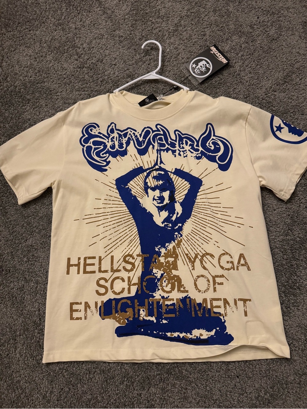 Hellstar Yoga Graphic Tee in Cream with Blue Print